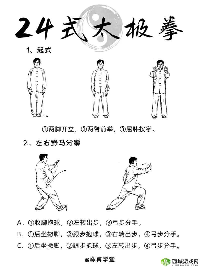 二十四式简化太极拳口令:起势、左右野马分鬃、白鹤亮翅、左右搂膝拗步、手挥琵琶、左右倒卷肱、左揽雀尾、右揽雀尾、单鞭、云手、单鞭、高探马、右蹬脚、双峰贯耳、转身左蹬脚、左下势独立、右下势独立、左右穿梭、海底针、闪通臂、转身搬拦捶、如封似闭、十字手、收势
